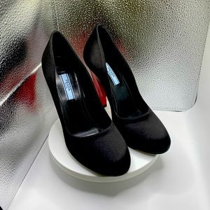Prada Black Satin Lightning Bolt Pumps